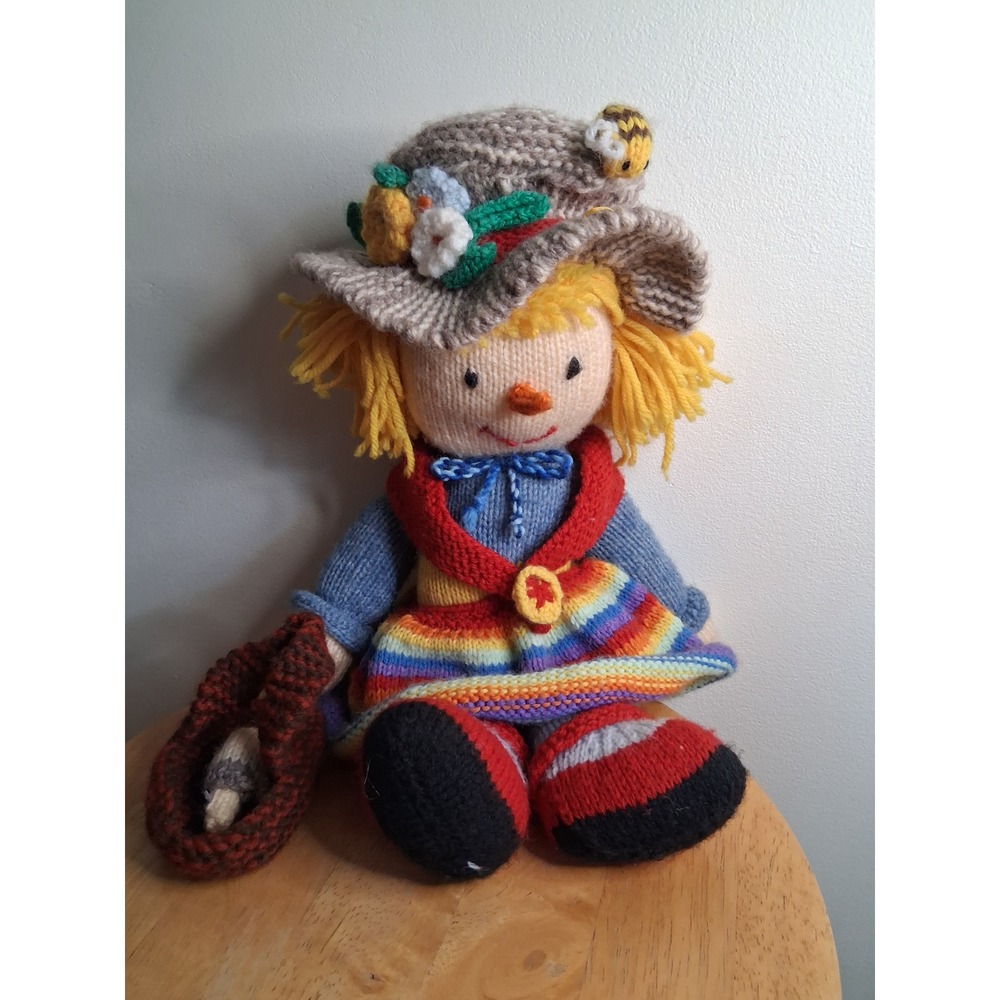 Handmade Knitted Scarecrow Girl Doll Rainbow Skirt Autumn Harvest Decor Basket